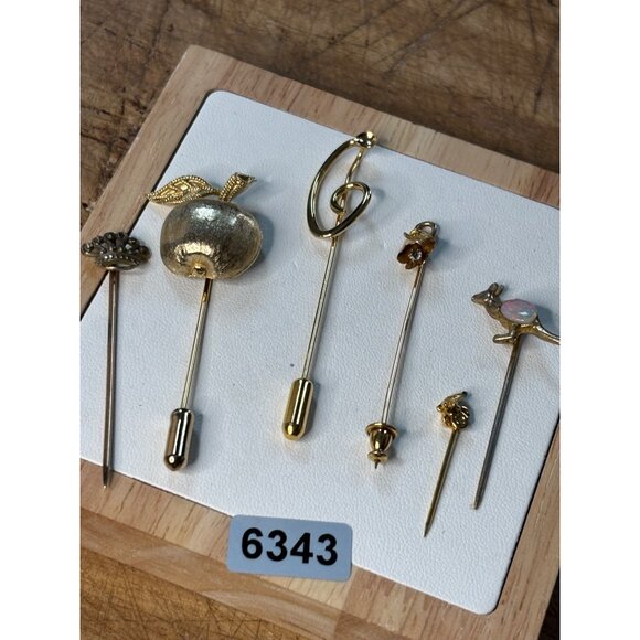 Vintage Gold-Tone Stick Pins Set Of 6 With Apple Kangaroo Crown & More - Picture 6 of 8